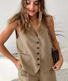 Getadme Summer 2 Pieces Sets Women Fashion Linen-Blend Slim-Fit Sleeveless Suit Vest + High Waists Shorts Causal Sets