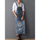 Getadme-Fashion Maxi Denim Dress Summer Ladies Suspenders Holes Jean Dresses Female Loose Bib Blue cowboy Long Dress