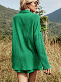 Getadme-Summer Casual Button Green Cotton Two Pieces Sets Women Long Sleeve Rose Red Women's Sets White Shirt Shorts Set Outfits