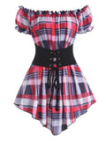 New Fashion Croset Style Off The Shoulder Corset Waist Plaid Women Top Fashion Hide Tummy Short Sleeve Tee For Summer
