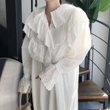 Getadme Elegant Lace Peter Pan Collar Ruffle Pleated Loose White Flared Sleeve Dresses for Women Maxi Casual Swing Clothes Fall