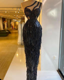 Luxurious Black Mermaid Party Dresses One Shoulder Tassels Prom Gowns Custom Made Beaded Women Formal Evening Dresses