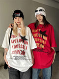 QWEEK Y2K Streetwear Red T-Shirt Women Oversized Hip Hop Vintage Letter Print White Tees American Retro Boyfriend Summer Top