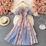 Summer Elegant Chiffon Floral Strap Dress Women's Mesh Stitching Strapless Mixi Dress Holiday Ladies Vestidos Female Robe