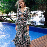 Sexy V-Neck Backless Hollow Out Dress Summer Women Lantern Sleeve Club Party Long Maxi Dresses Tunic Beach Cover Up