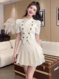 Getadme-French Small Fragrance Two Piece Set Women Bubble Sleeve Short Blazer Coat + Pleated Skirt Suits High Street 2 Piece Outfits