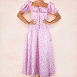 Getadme-Summer Grace Sweet Vestidos Women's French Bubble Sleeve Printing Floral Dress Short Sleeve Side Split Irregular Dresses