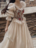 Getadme French Vintage Print Floral Dress Women O-neck Elegant Evening Party Midi Dress Female Puff Sleeve Korea Fairy Dress Summer