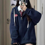 QWEEK Vintage Y2k Zip Up Hoodie Women Korean Preppy Style Oversize Sweatshirt Harajuku Streetwear Hoodies Autumn Coat for Girls