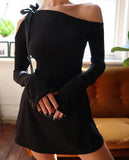 Getadme-Summer Sexy Strapless Longsleeve Hollow Out Mini Dress For Women Bandage Slim Inclied Shoulder Dress Party Night