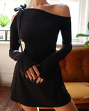 Getadme-Summer Sexy Strapless Longsleeve Hollow Out Mini Dress For Women Bandage Slim Inclied Shoulder Dress Party Night