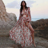 Sexy V-Neck Backless Hollow Out Dress Summer Women Lantern Sleeve Club Party Long Maxi Dresses Tunic Beach Cover Up