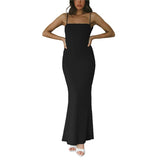 Women Sling Long Dress, Sleeveless Off Shoulder Solid Color Ruffle Party Club Summer Spring Dress