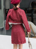 Getadme-Fall Winter Small Fragrance Vintage Tweed Two Piece Set Women Single-Breasted Woolen Short Jacket Coat + Mini Skirt 2 Piece Set