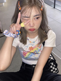 Getadme  Korean Fashion Egirl T-Shirt Women Y2K Girly Cute Graffiti Print Crop Top Slim Harajuku Coquette Sweet White Tees Summer