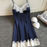 Getadme-Women's Sexy Lingerie Summer Silk Night Gown Lace Patchwork Mini Night Dress Spaghetti Strap Sleepwear Ladies With Chest Pad