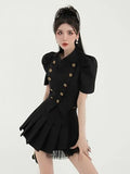 Getadme-French Small Fragrance Two Piece Set Women Bubble Sleeve Short Blazer Coat + Pleated Skirt Suits High Street 2 Piece Outfits