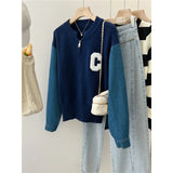 Getadme-Fall Vintage Cowboy  Patchwork Long Sleeve Color Contrast Classic Letter Embroidery Zipper Knitted Cardigan Female Clothes