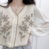 Women Casual V-Neck Button Down Cropped Cardigan Puff Long Sleeve Elegant Embroidery Floral for JACKET Cover Up Blouse