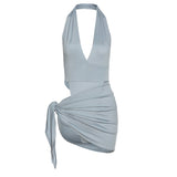 Ins European And American Style 2022Summer New Women'S Sexy V-Neck Back Open Solid Color Dress Fashion Hip Short Skirt Set Women