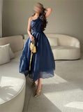 Getadme Vintage Organza One Shoulder Navy Blue Prom Dresses with Pleats A-Line Tea Length Robe De Soiree Formal Party Dresses for Women