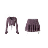 Purple France Vintage Two Piece Set Women Summer Lace Sexy Mini Skirt Suit Female Korean Fashion Hight Waist Skirt Suit 2023 New