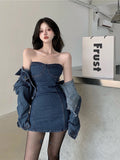 Women's Suit Tight Mini Denim Dress Cardigan Jacket Vintage Corset Dress Fashion Two Piece Sexy Women Clothing Korean Style