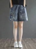 Summer Vintage High Waist Embroidery Denim Shorts S-3xl Hole Loose Women Pants Fashion Elastic Waist Streetwear Wide Leg Pants