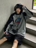 Getadme Streetwear 90s Long Sleeve T Shirt Women Vintage Harajuku Gray Pullover Sweatshirts Oversized Retro Patchwork Print Tees