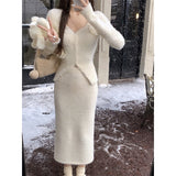 Getadme- Fur Sweater Knitted Suits Women Slim Winter Elegant Vintage 2 Piece Dress Set Office Lady Y2k Clothing Korean Fashion