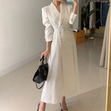 Getadme-Fashion Solid Belt Dress Women Spring Autumn Notched Long Sleeve Office Ladies Blazer Dress Female Long A-Line Black Dress