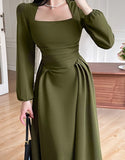 Getadme-Folds Puff Sleeve Corsets Women Midi Dress Sexy Elegant Bodycon Autumn Elegant Party Casual Lady Long Dress Streetwear