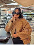 Getadme-Fashion Metal Color Gold Sequin O Neck Jacket Women Loose Stand Collar Long Sleeve Coat 2023 Autumn Winter Street Female Outwear