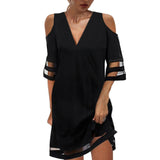 Getadme-Dress Women Elegant V Neck Summer Off Shoulder Lace Mesh Patchwork Mini Dress Female Loose Print Beach Short Dress