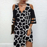 Getadme-Dress Women Elegant V Neck Summer Off Shoulder Lace Mesh Patchwork Mini Dress Female Loose Print Beach Short Dress