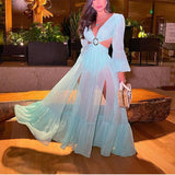 Sexy V-Neck Backless Hollow Out Dress Summer Women Lantern Sleeve Club Party Long Maxi Dresses Tunic Beach Cover Up