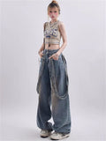 QWEEK 90s Vintage Blue Jeans Women Y2K Korean Fashion Retro Wide Leg Overalls Oversized Harajuku Hippie Streetwear Denim Pants
