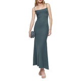 Women Sling Long Dress, Sleeveless Off Shoulder Solid Color Ruffle Party Club Summer Spring Dress