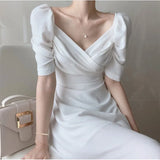 Vintage V-neck Slim Chiffon Women Dress Elegant Puff- Sleeve White Ladies Dresses 2023 Summer Party Pink Midi Dresses Vestidos