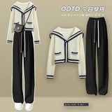 Sailor Collar Two Piece Set for Women Knitted Cardigan + Pant Sets Long Sleeve Korean Outfit Tracksuit 2023 New Knit Autumn Suit
