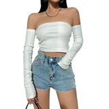 Getadme-Female Crop Tops T-shirts, Solid Color Boat Neck Off Shoulder Sexy Tops Pullover with Long Sleeves for Summer Club Wear