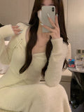 Getadme- Fur Sweater Knitted Suits Women Slim Winter Elegant Vintage 2 Piece Dress Set Office Lady Y2k Clothing Korean Fashion