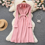 Ruffled A-line Dress Autumn V-Neck Pleated Knit Midi Long Dresses for Women Long Sleeve Elegant Pink Knitted Dress Robe Femme