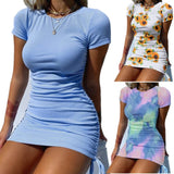 Summer Blue Dress Floral Dress Sexy Tight Crewneck Leisure Sports Skirt Casual Bodycon Dresses For Women Summer Twotwinstyle Y2k