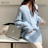 Getadme-Autumn and Winter Pullover Loose-Fitting Outerwear Top Thickened Cable-Knit Sweater Female New V-neck Loose Sweater Women