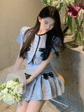 Getadme-Summer New Korean Sweet Fashion Two Piece Set Women Jacket Coat + Pleated Skirt Small Fragrance 2 Piece Sets Women Outfit