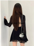 Getadme-Bodycon Black Y2k Mini Dress Women Elegant Slim Sexy Even Party Dress Office Lady Backless Dress Korean Fashion Autumn Chic