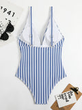 Getadme Striped One Piece Swimsuit Vintage Swimwear Women V-neck Bathing Swimming Suit Female Summer Beachwear Bodysuit