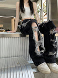Getadme New All-Match Y2k Distressed Women Broken Hole Jeans High Street Hip Hop High Waist Straight Loose Trousers Washed Mopping Pants