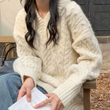 Getadme-Autumn and Winter Pullover Loose-Fitting Outerwear Top Thickened Cable-Knit Sweater Female New V-neck Loose Sweater Women